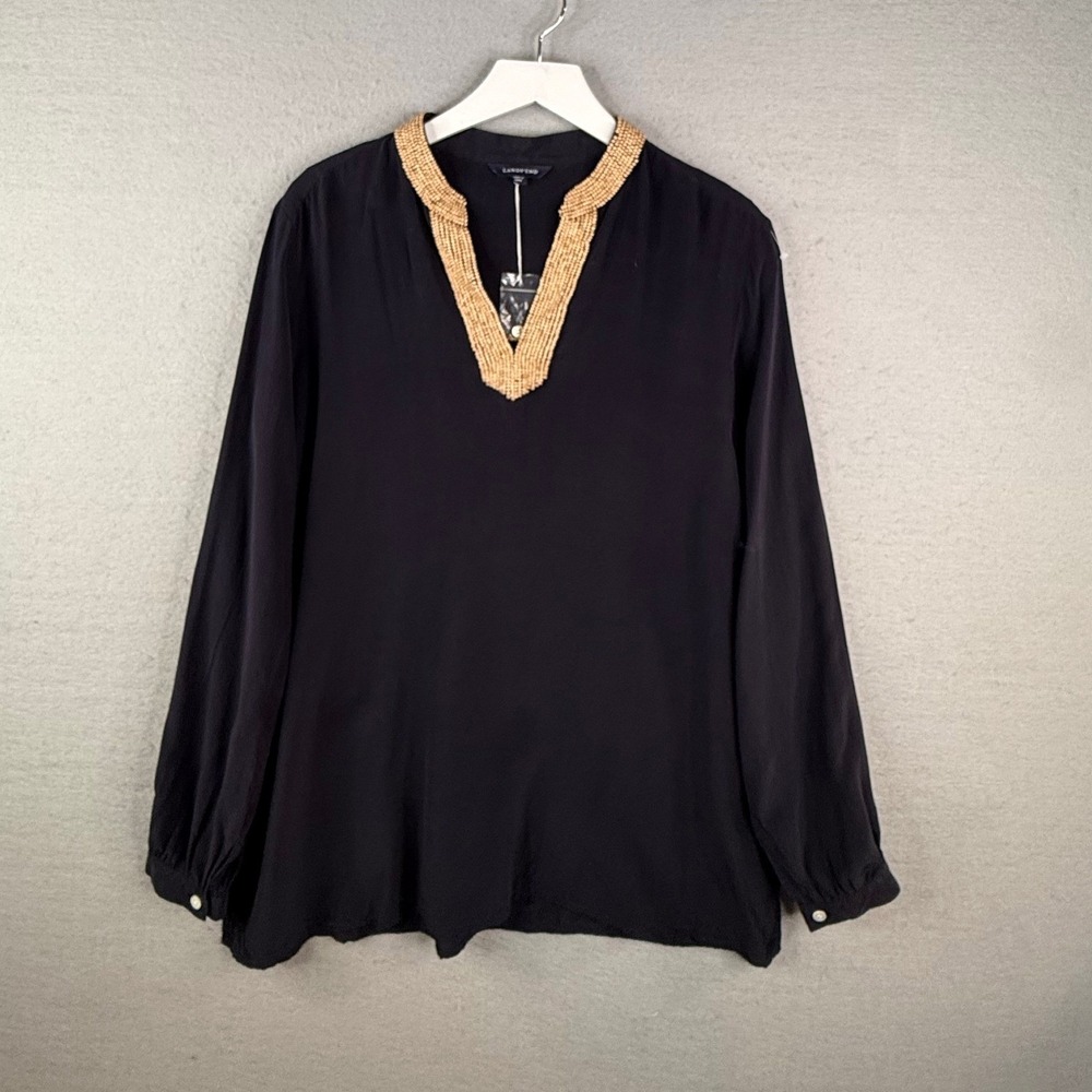 Lands End Silk Blouse Womens 18 XL‎ Navy Blue Beaded V-Neck Coastal